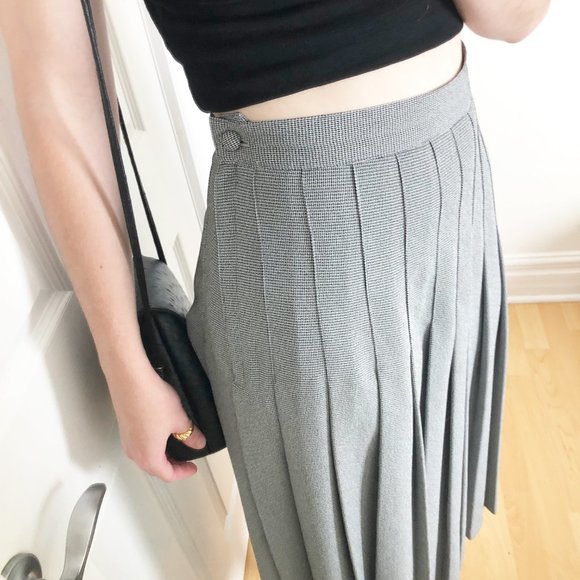 Vintage Midi Skirt Pleated Houndstooth Tweed Knit High Waisted Long Peppy School - Picture 5 of 8